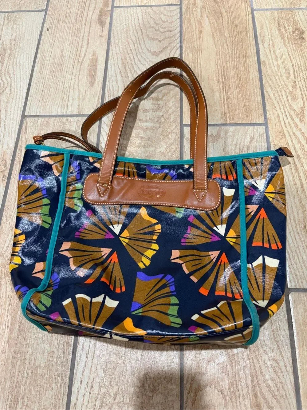 Fossil Long Live Vintage Abstract Tote Bag Coated Canvas Multicolor Leather